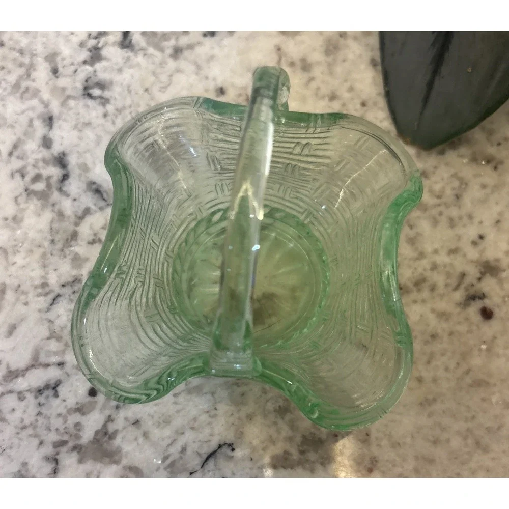 Vintage Green Glass Mini Basket Candy Dish No Chips